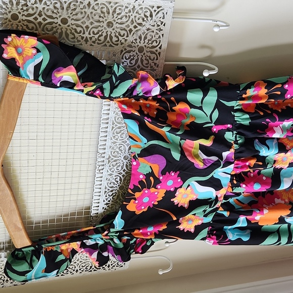 Tropical Floral Pink and Orange Sleeveless Sundress Midi Ruffled sz L - Picture 3 of 13